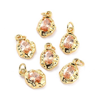 Brass Micro Pave Cubic Zirconia Pendant, Long-Lasting Plated,  Real 18K Gold Plated, Oval, Light Salmon, 12x8x3mm, Hole: 2.6mm