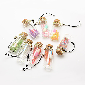 Glass Wishing Bottle Pendant Decoration, with Cork Stopper, Iron Findings and Nylon Cord, Acrylic Beads & Glass Rhinestone, Mixed Color, 55x22mm