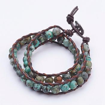 Two Loops Natural African Turquoise(Jasper) Wrap Bracelets, with Cowhide Leather Cord and 304 Stainless Steel Sewing Buttons, with Burlap Paking Pouches Drawstring Bags, 14.6 inch(370mm)
