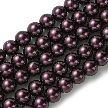 Eco-Friendly Grade A Glass Pearl Beads, Pearlized, Round, Purple, 8mm, Hole: 1.2~1.5mm, about 52pcs/Strand, 16''(40.64cm)