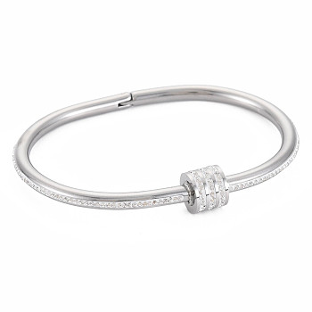 Stainless Steel Bangle with Crystal Rhinestone Column Screw Shackle for Women, Stainless Steel Color, Inner Diameter: 1-5/8x2-3/8 inch(4.2x6.1cm)