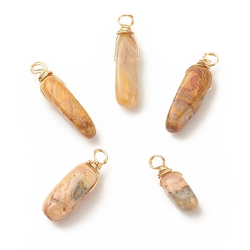 Natural Agate Pendants, Twisted with Golden Tone Copper Wire, Chip, 17~29x8~10x5.5~9mm, Hole: 2.5~3.2mm