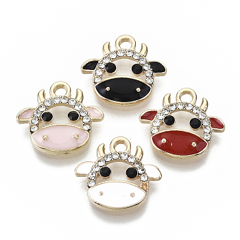 Eco-Friendly Zinc Alloy Charms, with Enamel and Crystal Rhinestone, Cadmium Free & Nickel Free & Lead Free, Cow, Light Gold, Mixed Color, 14x15x3mm, Hole: 1.8mm