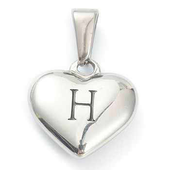 304 Stainless Steel Pendants, Heart with Black Letter, Stainless Steel Color, Letter.H, 16x16x4.5mm, Hole: 7x3mm