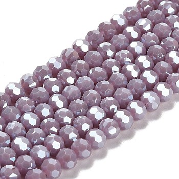 Electroplate Opaque Glass Beads Strands, Faceted(32 Facets), Pearl Luster Plated, Round, Old Rose, 6mm, Hole: 1mm, about 98~100pcs/strand, 20.39~20.59 inch(51.8~52.3cm)