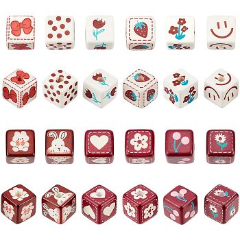 CHGCRAFT 24Pcs 12 Style Opaque Printed Acrylic Beads, Cube with Mixed Pattern, Cube, 13.5x13.5x13.5mm, Hole: 3.8mm, 2pcs/style