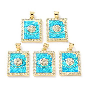 Rack Plating Brass Micro Pave Cubic Zirconia Eye Pendants, Synthetic Opal Rectangle Charms with Snap on Bail, Cadmium Free & Lead Free, Long-Lasting Plated, Real 18K Gold Plated, Cyan, 23.5x17x3mm, Hole: 5x3.2mm