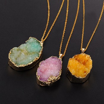 Vogue Design Brass Natural Druzy Agate Pendant Necklaces, with Brass Chains and Spring Ring Clasps, Mixed Color, 18 inch