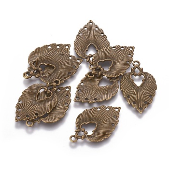 Tibetan Style Chandelier Components Links, Lead Free & Nickel Free, Leaf, Antique Bronze, 34x20x1.5mm, Hole: 1~2mm
