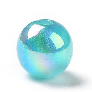 UV Plating Rainbow Iridescent Acrylic Beads, with Glitter Powder, Round, Turquoise, 15mm, Hole: 3.2mm