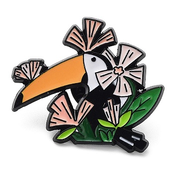 Parrot with Flower Enamel Pins, Electrophoresis Black Alloy Badge for Backpack Clothes, Orange, 25.5x30x1.5mm