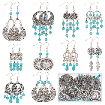 DIY Synthetic Turquoise Beaded Earring Making Kit, Including Moon & Teardrop & Triangle & Leaf Alloy Pendants & Links & Beads, Brass Earring Hooks, Antique Silver, 256Pcs/box