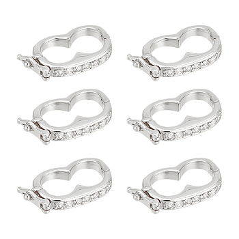 6Pcs Rack Plating Brass Micro Pave Cubic Zirconia Twister Clasps, Lead Free & Cadmium Free, Platinum, 19x9.5x3mm