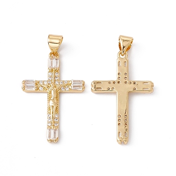 Rack Plating Brass Micro Pave Cubic Zirconia Pendants,  Cadmium Free & Nickel Free & Lead Free, Real 18K Gold Plated, Crucifix Cross, Clear, 28x18x2mm, Hole: 5x3.5mm