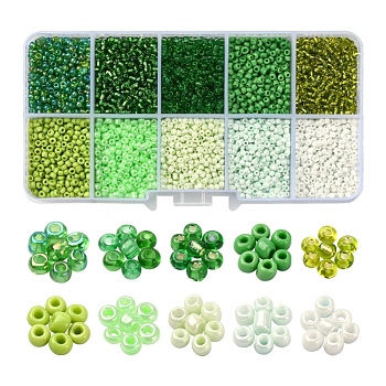 8500Pcs 10 Style Glass Seed Beads, Round, 12/0, Green, 1.5~2.5mm, Hole: 0.5~1mm, 13g, 850pcs/style, 8500pcs/box