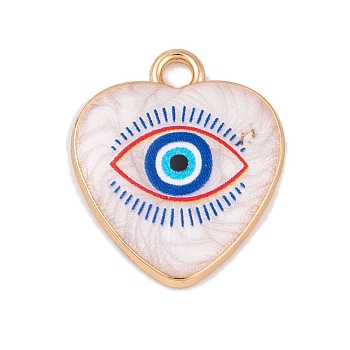 Alloy Enamel Pendants, Golden, Heart with Evil Eye Charm, Pink, 18x16x3mm, Hole: 2mm