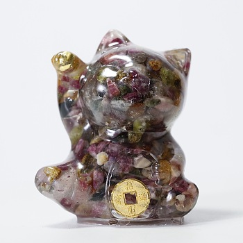 Natural Tourmalinated Quartz Chip & Resin Craft Display Decorations, Lucky Cat Figurine, for Home Feng Shui Ornament, 63x55x45mm