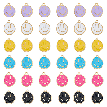 60Pcs 6 Colors Alloy Enamel Pendants, Golden, Flat Round with Smiling Face Charm, Mixed Color, 24.5x20x1.5mm, Hole: 2mm, 10pcs/color