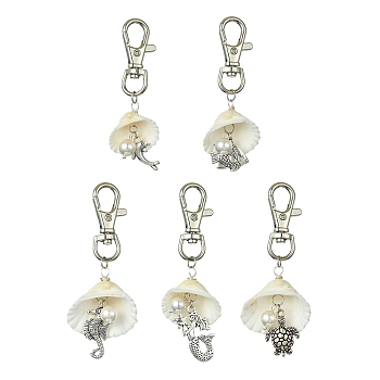 Shell Pendant Decorations, with Sea Animals Alloy Charms amd Swivel Lobster Clasps, Antique Silver & Platinum, 75~88mm