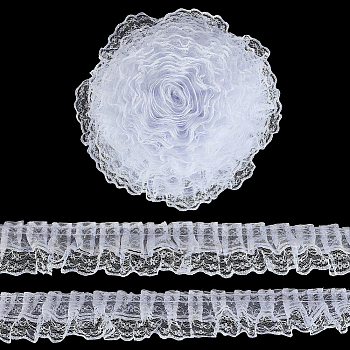 10M Polyester Pleated Lace Trim, Stretchy Flower Lace Ribbon for Sewing Decoration, White, 1-3/4 inch(45mm)