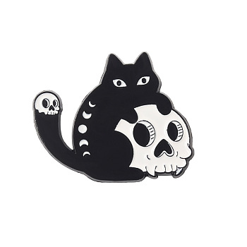 Cat Theme Enamel Pin, Black Tone Alloy Badge for Backpack Clothes, Skull, 22x27mm