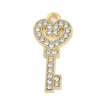 Rack Plating Alloy Micro Pave Rhinestone Pendants, Heart and Key, Golden, 24.5x11.5x2mm, Hole: 1.8mm