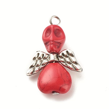 Halloween Dyed Synthetic Turquoise Pendants, Skull Angel Charms with CCB Plastic Wings and Platinum Tone Iron Loops, Red, 29x20x9mm, Hole: 2.5mm