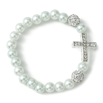 Glass Pearl & Alloy Rhinestone Cross Beaded Stretch Bracelet, WhiteSmoke, Inner Diameter: 2-1/8 inch(5.4cm)