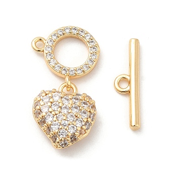 Brass Micro Pave Clear Cubic Zirconia Toggle Clasps, Heart, Real 18K Gold Plated, Heart: 12x10x4.5mm, Hole: 1mm, T-bar: 4x15.5x2mm, Hole: 1mm