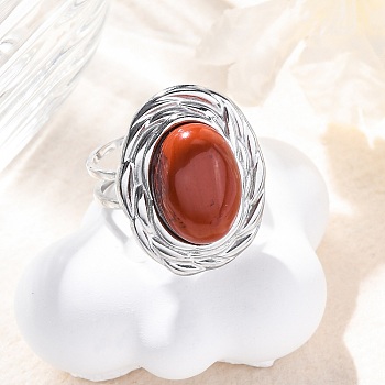 Oval Natural Red Jasper Finger Rings, 304 Stainless Steel Cuff Rings for Women, Stainless Steel Color, oval: 22x17.5mm, Adjustable