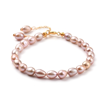 Natural Cultured Freshwater Pearl Beaded Bracelets, with Brass Cable Chains and 304 Stainless Steel Spring Ring Clasps, Plum, 7-1/2 inch~7-5/8 inch(19~19.5cm)