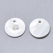 Natural White Shell Mother of Pearl Shell Charms, with Iron Sticker, Flat Round with Letter, Letter.G, 13x2mm, Hole: 1.5mm(SSHEL-N036-053G)