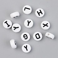 Opaque Acrylic Beads, with Enamel, Horizontal Hole, Flat Round with Initial Letter, Black, White, 9.5x4.5mm, Hole: 2mm(X-SACR-T338-11A)