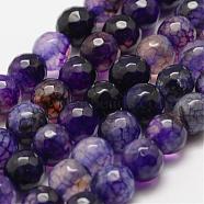 Faceted Natural Crackle Agate Beads Strands, Round, Dyed & Heated, Purple, 8mm, Hole: 1mm, about 47pcs/strand, 14 inch(35.6cm)(G-F447-8mm-G01)