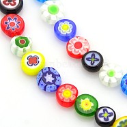 Handmade Millefiori Glass Beads, Flat Round, Mixed Color, 7~9x3mm, Hole: 1mm, about 48pcs/strand, 14~14.5 inch(X-LAMP-J033-8mm-M)