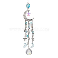 Glass Pendant Decoration, with Alloy Hollow Moon & Star Charm, for Home Decoration, Dark Turquoise, 265mm(HJEW-TA00087-01)