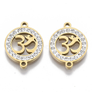 201 Stainless Steel Links connectors, with Polymer Clay Crystal Rhinestone, Flat Round with Aum/Om Symbol, Golden, 20x15x2.5mm, Hole: 1.6mm(STAS-N091-01P)