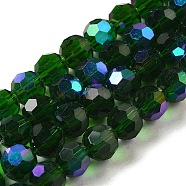 Electroplate Transparent Glass Beads Strands, Faceted, Round, Rainbow Plated, Dark Green, 8mm, Hole: 1mm, about 66~69pcs/strand, 19.29~19.57 inch(49~49.7cm)(EGLA-A035-T8mm-L10)