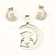 304 Stainless Steel Jewelry Sets, Pendants and Ear Studs, Moon with OSO TO US Bear, 36x28x2mm, 15x12x1mm(X-SJEW-C023-6P)