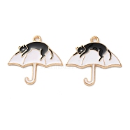 Alloy Enamel Pendants, Light Gold, Cat with Umbrella Charm, White, 25x26x1.5mm, Hole: 1.5mm(ENAM-Z022-02J)