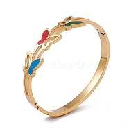 Colorful Enamel Butterfly Hinged Bangle, Ion Plating(IP) 304 Stainless Steel Jewelry for Women, Golden, Inner Diameter: 2-3/8 inch(6cm)x1-7/8 inch(4.9cm)(BJEW-L678-05G)