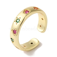 Brass Micro Pave Colorful Cubic Zirconia Open Cuff Rings for Women, Star/Rhombus/Heart, Real 18K Gold Plated, 5.5mm, Adjustable(RJEW-C098-32G)