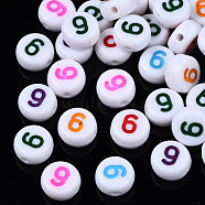 White Opaque Acrylic Beads, Flat Round with Mixed Color Number, Num.9, 7x3.5mm, Hole: 1.2mm, about 3800pcs/500g(MACR-T038-18-9)