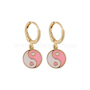 Alloy Enamel Yin Yang Dangle Leverback Earrings, Gold Plated Brass Jewelry for Women, Pink, 28x11.5mm(RELI-PW0001-062B)