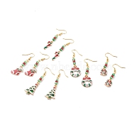 Christmas Theme Alloy Enamel Dangle Earrings, with Brass Earring Hooks and Glass Seed Beads, Mixed Shapes, Golden, Mixed Color, 45.5~58mm, Pin: 0.7mm(EJEW-JE04511)