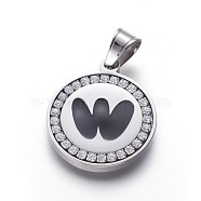 304 Stainless Steel Enamel Pendants, with Cubic Zirconia, Flat Round with Letter, Stainless Steel Color, Clear, Letter.W, 29x25x3mm, Hole: 5.5x8.5mm(STAS-E439-90W-P)