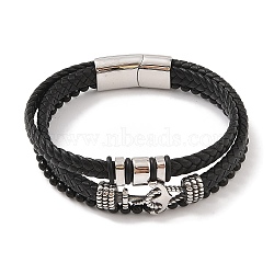 Braided Microfiber Leather Multi-strand Bracelets, Viking 304 Stainless Steel Anchor Bracelets for Men, Antique Silver, 8-5/8x7/8 inch(22x2.3cm)(BJEW-B096-30B)