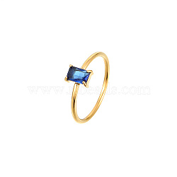 Rectangle Cubic Zirconia Finger Ring, Golden Stainless Steel Ring, Royal Blue, Rectangle: 7x5mm(JL0254-4)