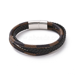 Microfiber Braided Cord Triple-strand Bracelet with 304 Stainless Steel Magnetic Clasps, Punk Wristband for Men Women, Stainless Steel Color, 8-5/8 inch(22cm)(BJEW-P275-22P)