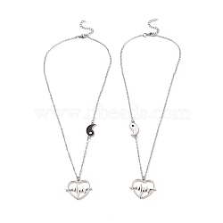 2Pcs 2 Color Enamel Yin Yang Couple Necklaces Set, Alloy Heart Beat Pendant Necklaces for Best Friends Lovers, Stainless Steel Color, 17.52 inch(44.5cm), 1Pc/style(NJEW-TA00045)